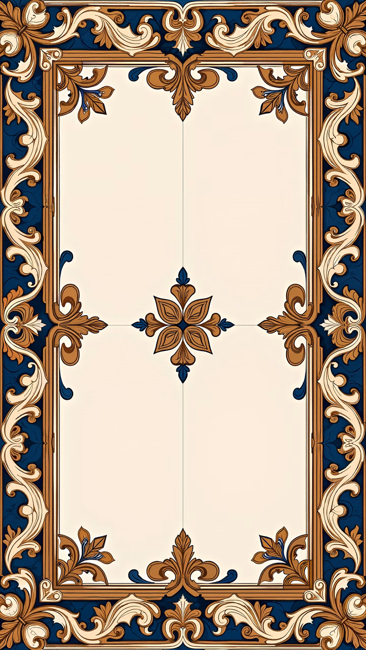 Elegant ornamental frame with intricate floral designs in gold and blue tones.