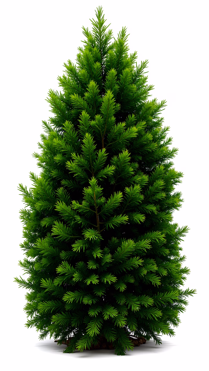 Detailed evergreen tree illustration with vibrant greens and intricate branches.