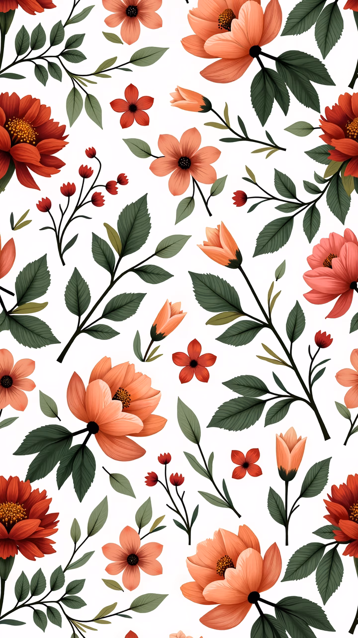 Vibrant floral illustration with red and orange hues and lush green leaves.