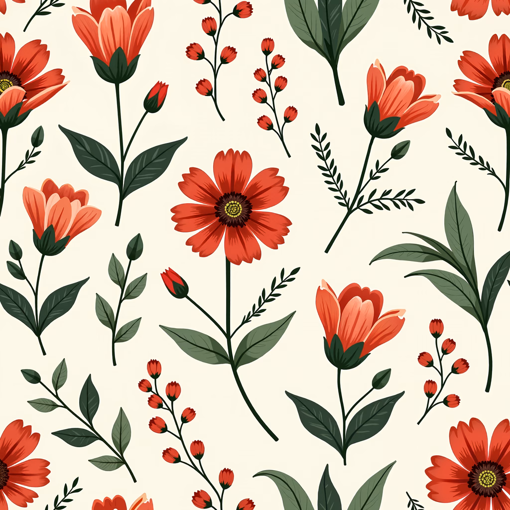 Vibrant floral illustration with bold red flowers and green leaves on a beige background.