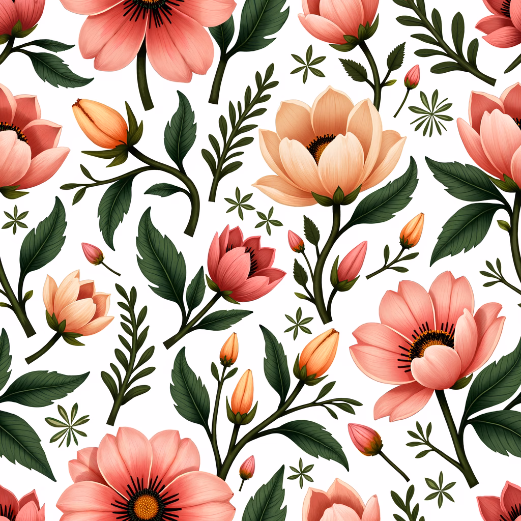 Vibrant floral illustration with detailed petals and lush greenery on a white background.