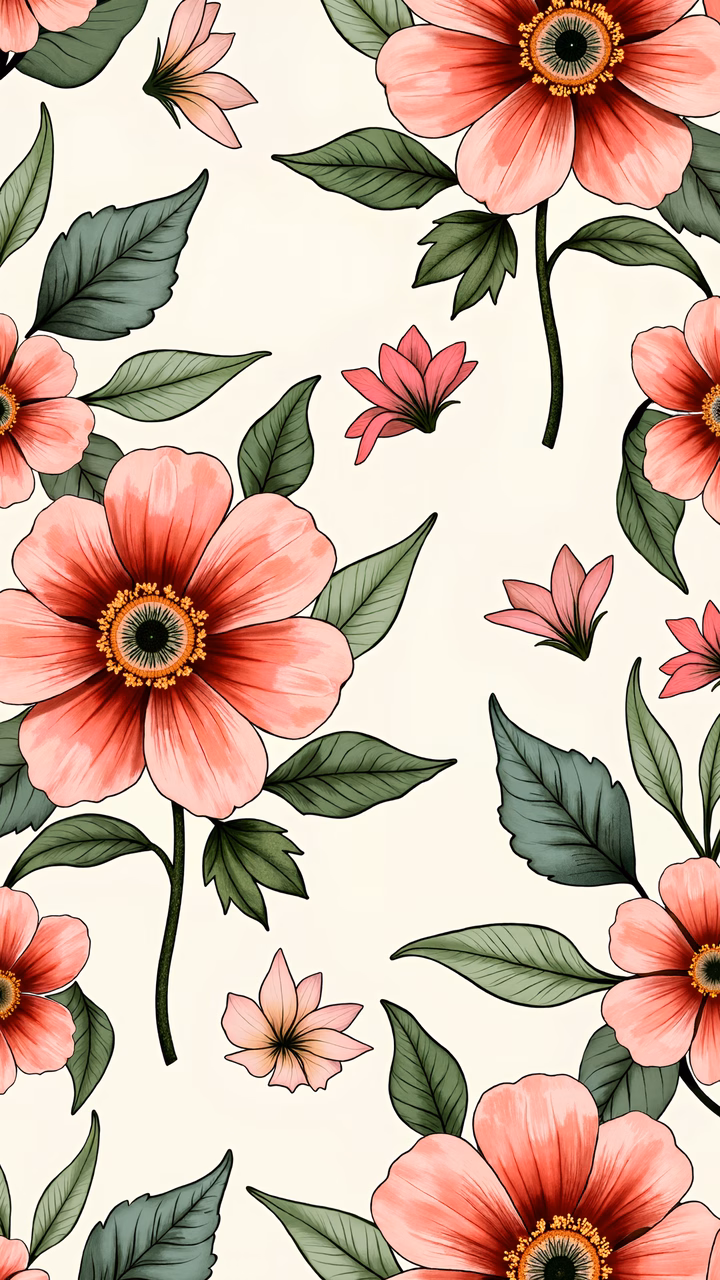 Vibrant floral illustration with detailed flowers and green leaves on a beige background.