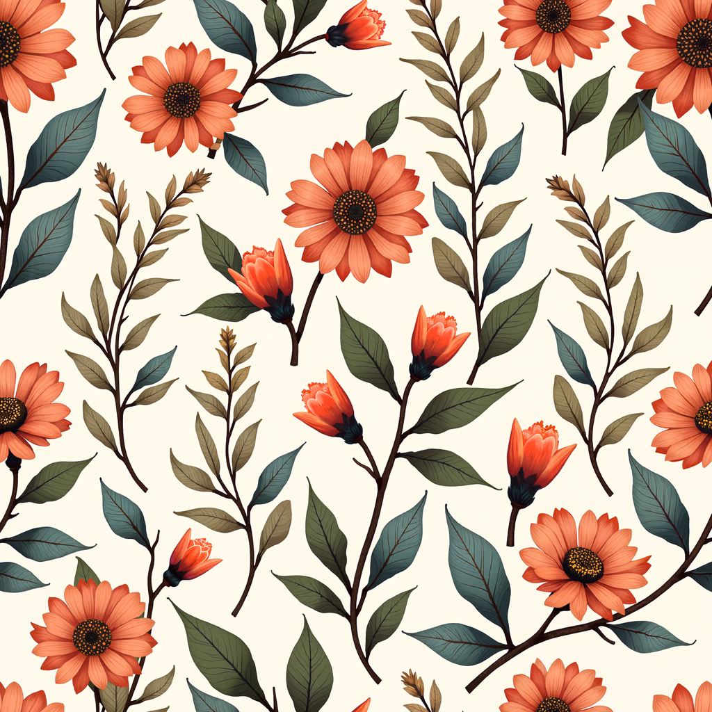 Vibrant floral illustration with red sunflowers and green leaves on a beige background.