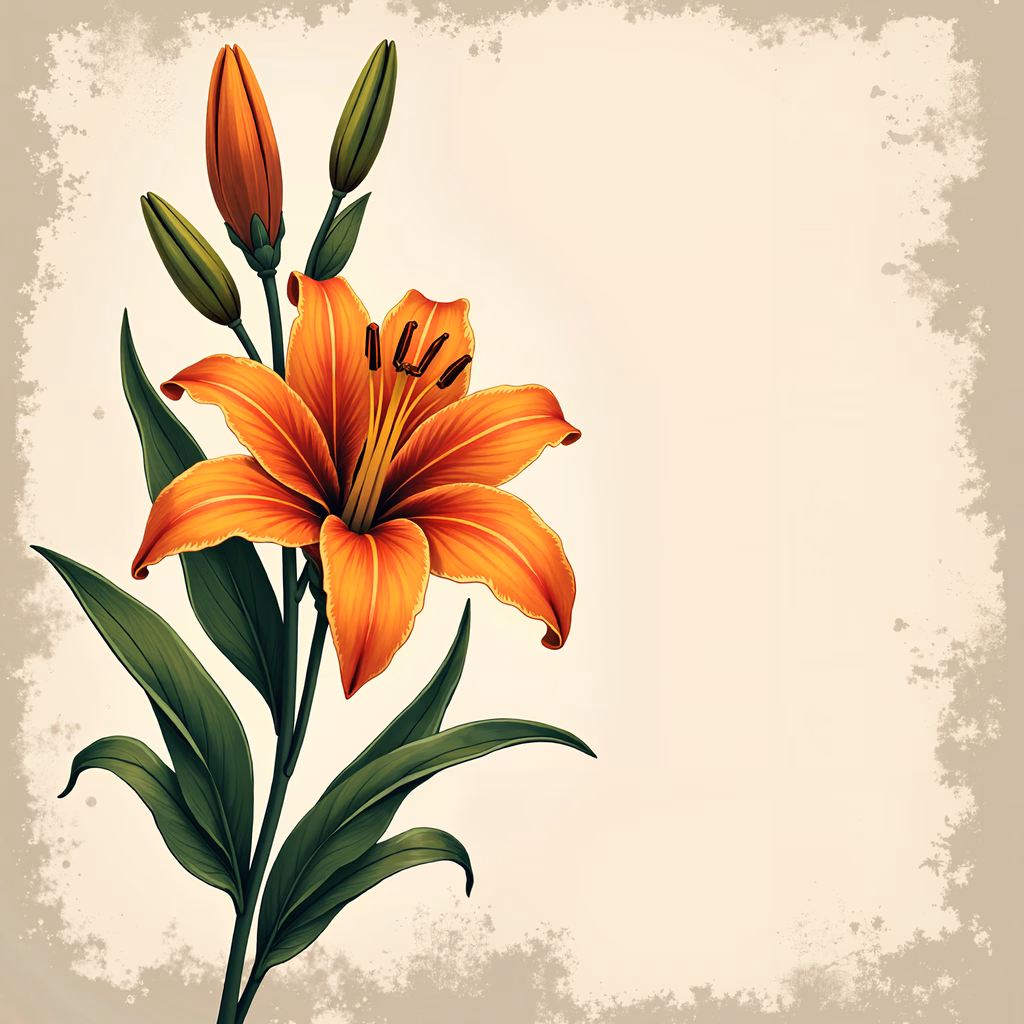 Vibrant floral illustration with orange lily and green leaves on a textured beige background.