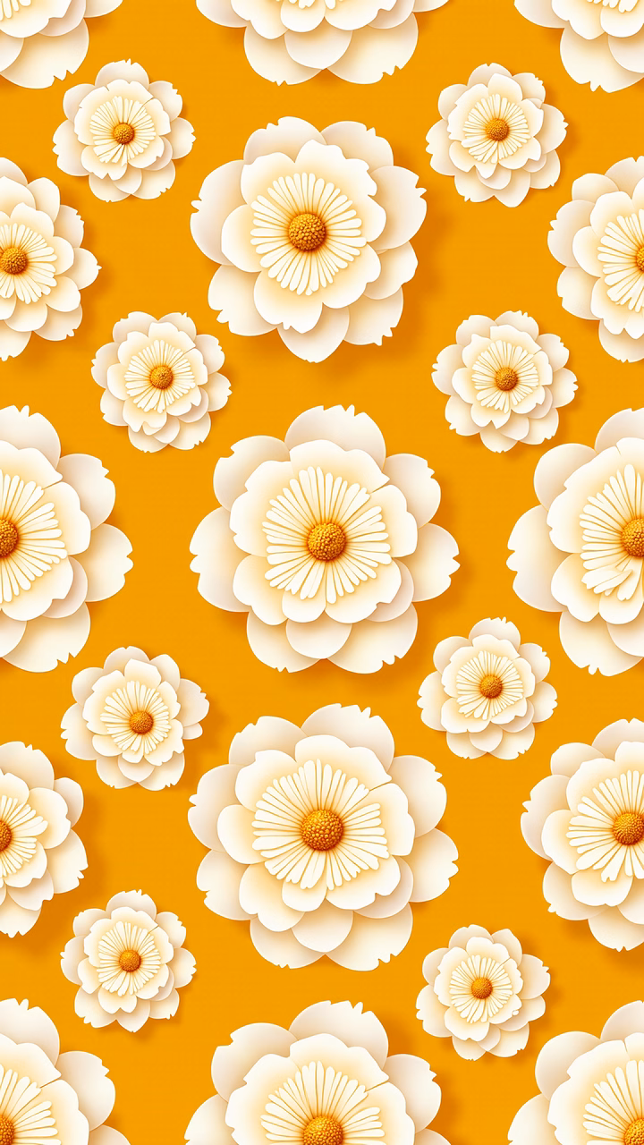 Vibrant papercut floral pattern on a yellow background, evoking nostalgia and elegance.