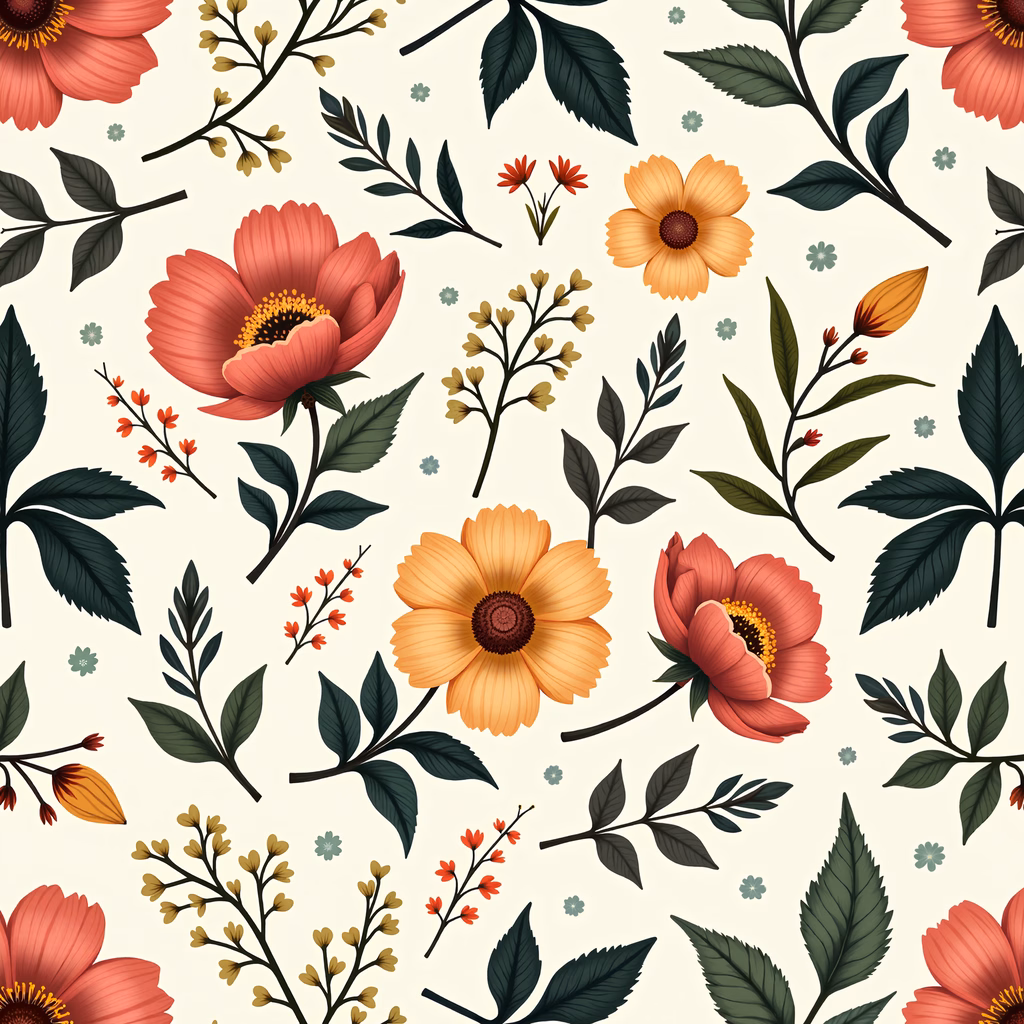Vibrant floral pattern with detailed leaves on a beige background.