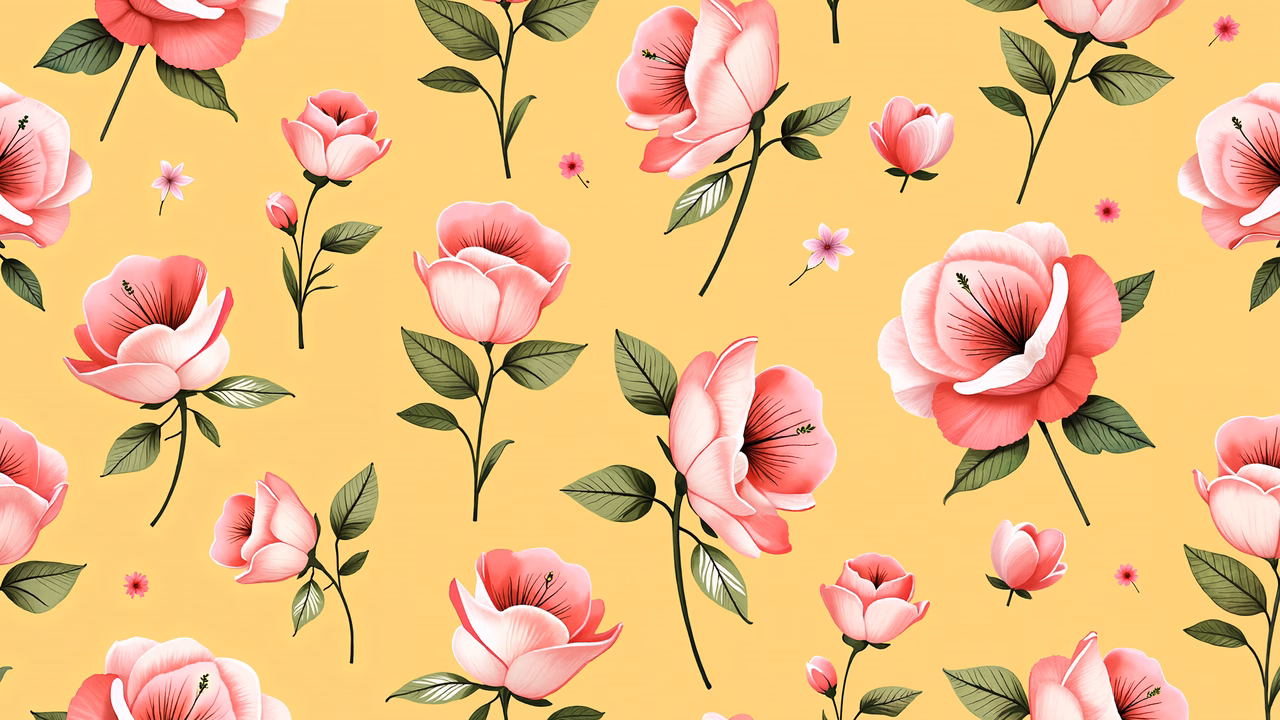 Delicate pink roses on a warm yellow background, creating a nostalgic and elegant floral pattern.
