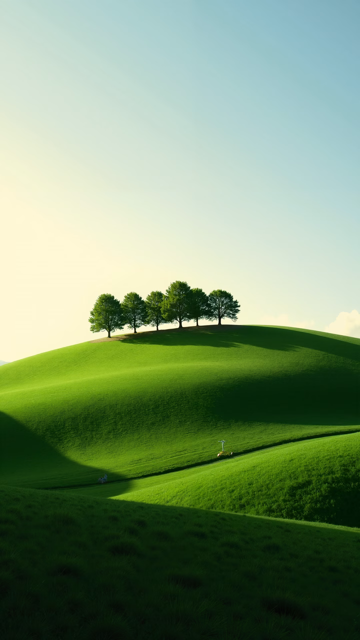 A tranquil green field with five trees under a clear blue sky.