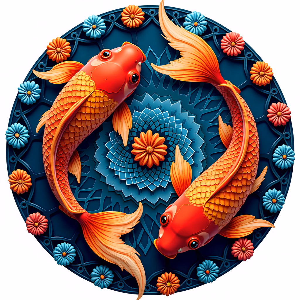 Vibrant koi fish in a serene mandala design