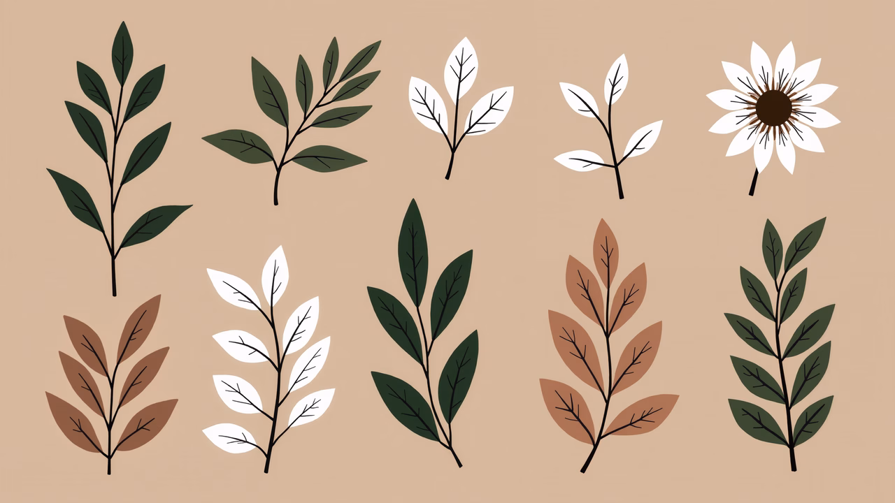 A collection of stylized leaves in various shades and shapes, perfect for nature-themed designs.
