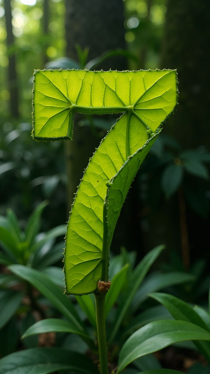 Close-up of a leaf-shaped number seven in a lush forest setting.