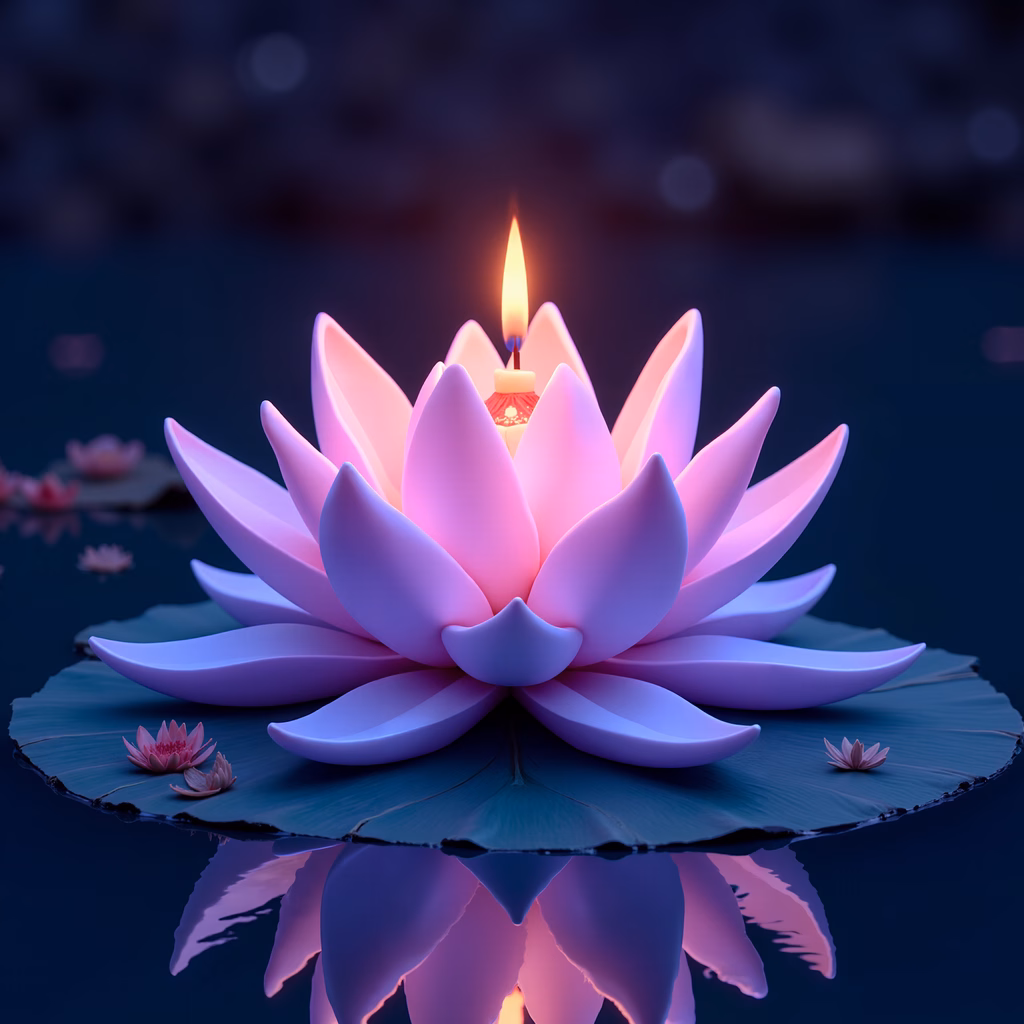 A glowing lotus candle floating on a tranquil water surface, symbolizing peace and enlightenment.