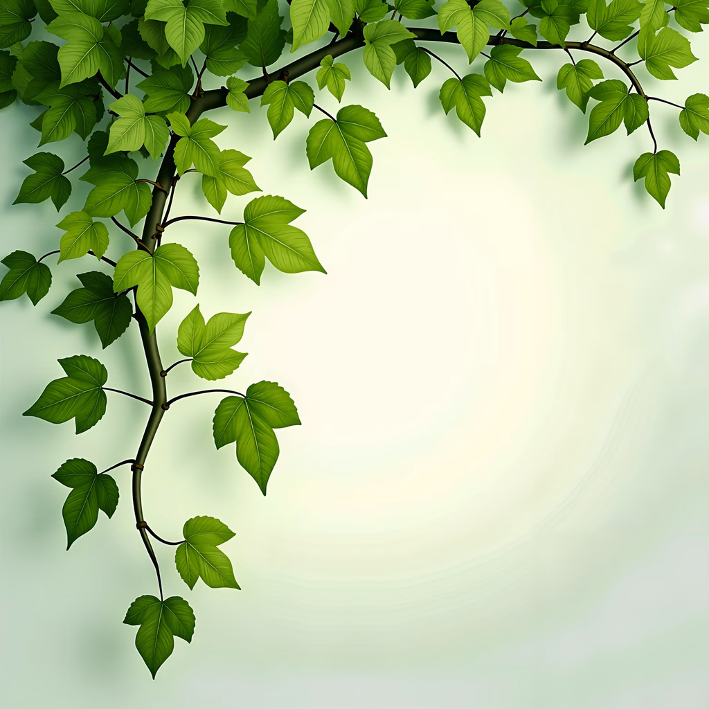 Vibrant green leaves on a delicate branch, ethereal background, nature art