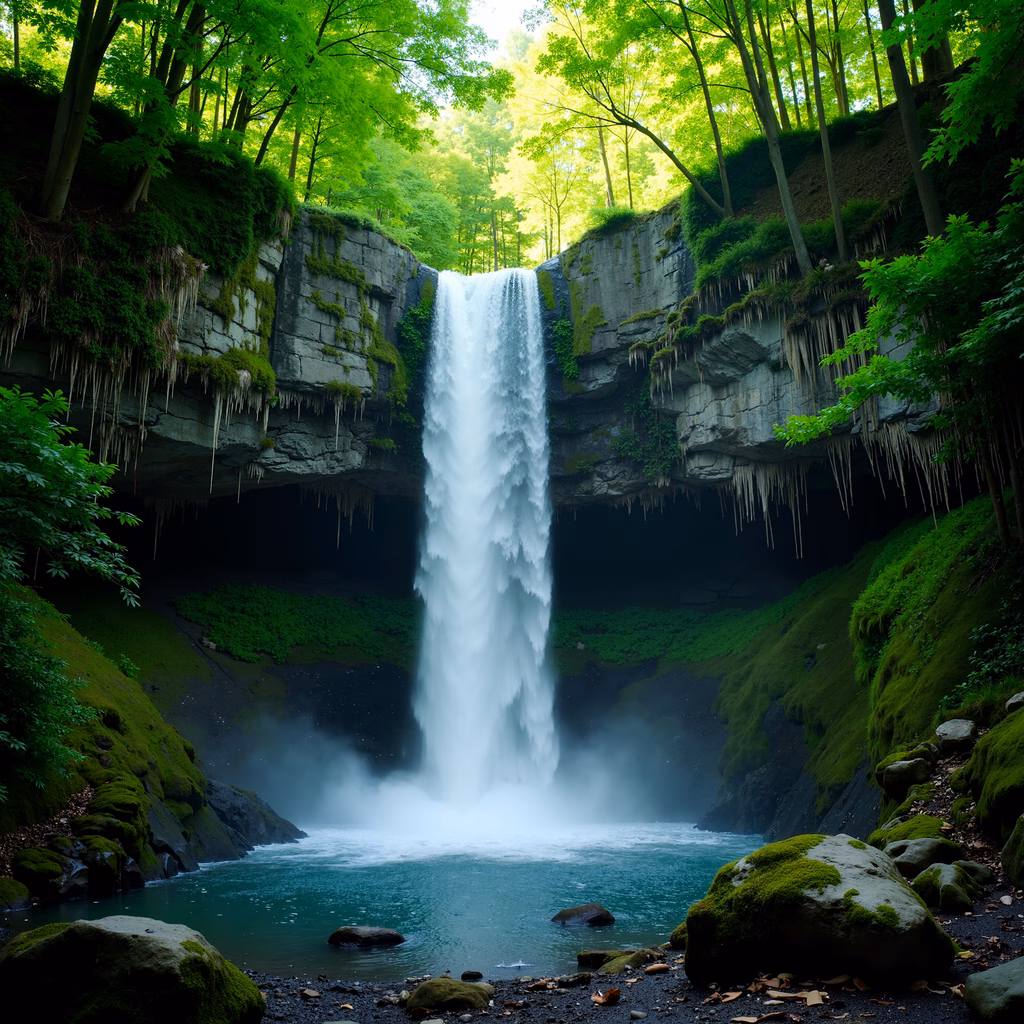 A stunning natural landscape featuring a majestic waterfall surrounded by lush greenery and vibrant colors.