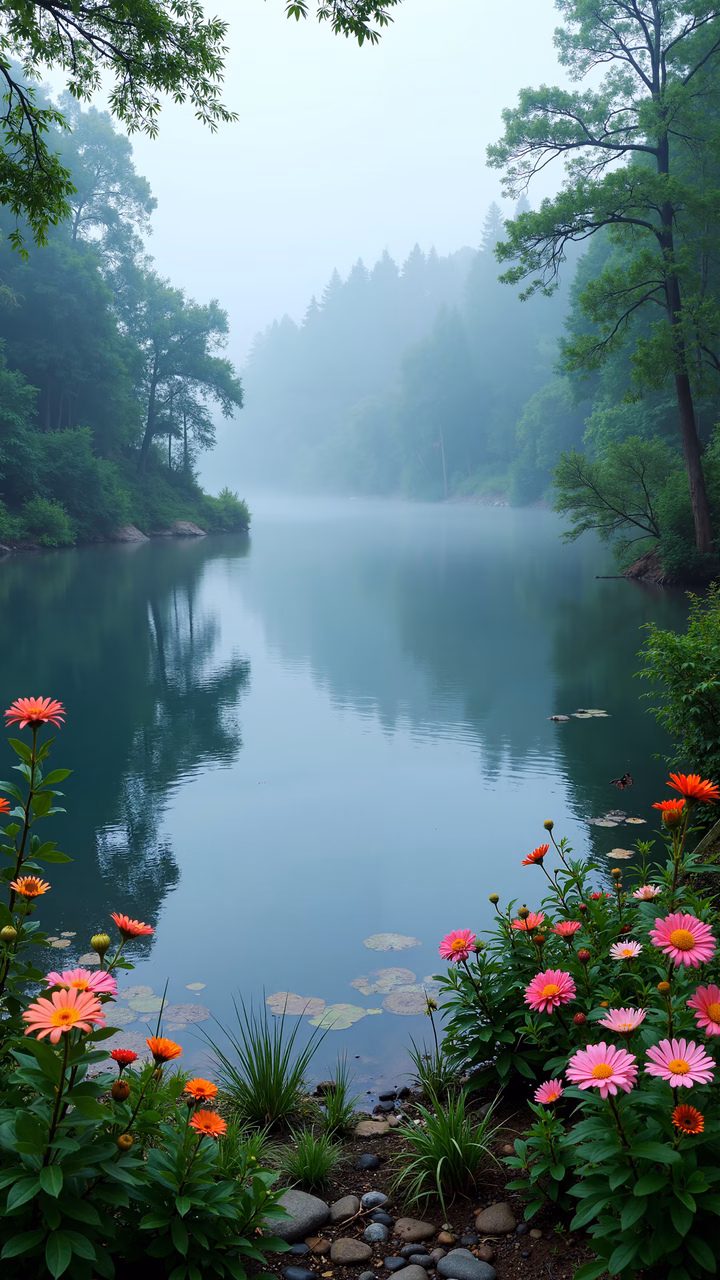 Misty lake surrounded by greenery and vibrant flowers, creating a peaceful and serene atmosphere.