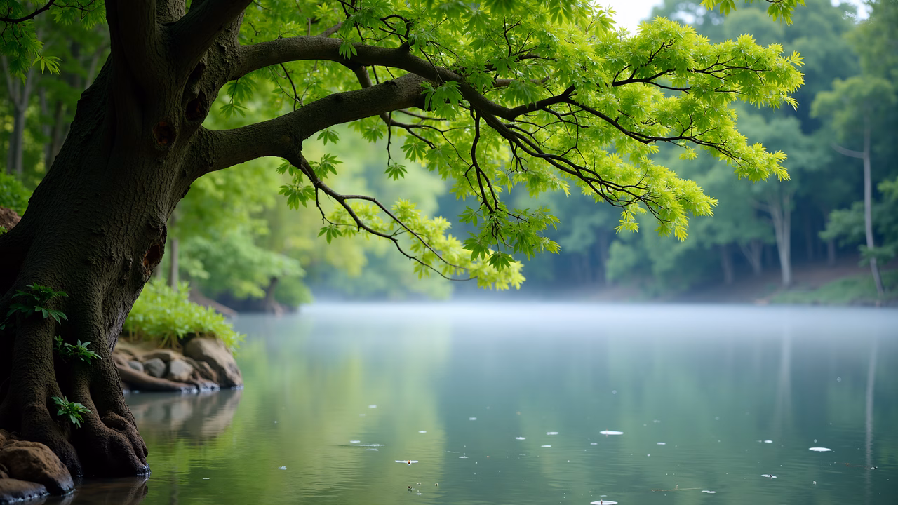 A tranquil lakeside scene with misty morning light and vibrant green leaves.