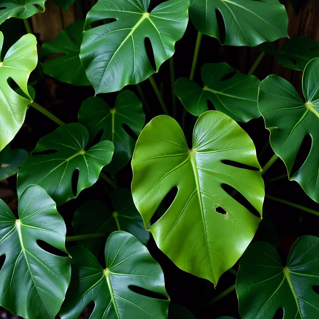 Close-up of Monstera leaves with vibrant green color and distinct perforations.