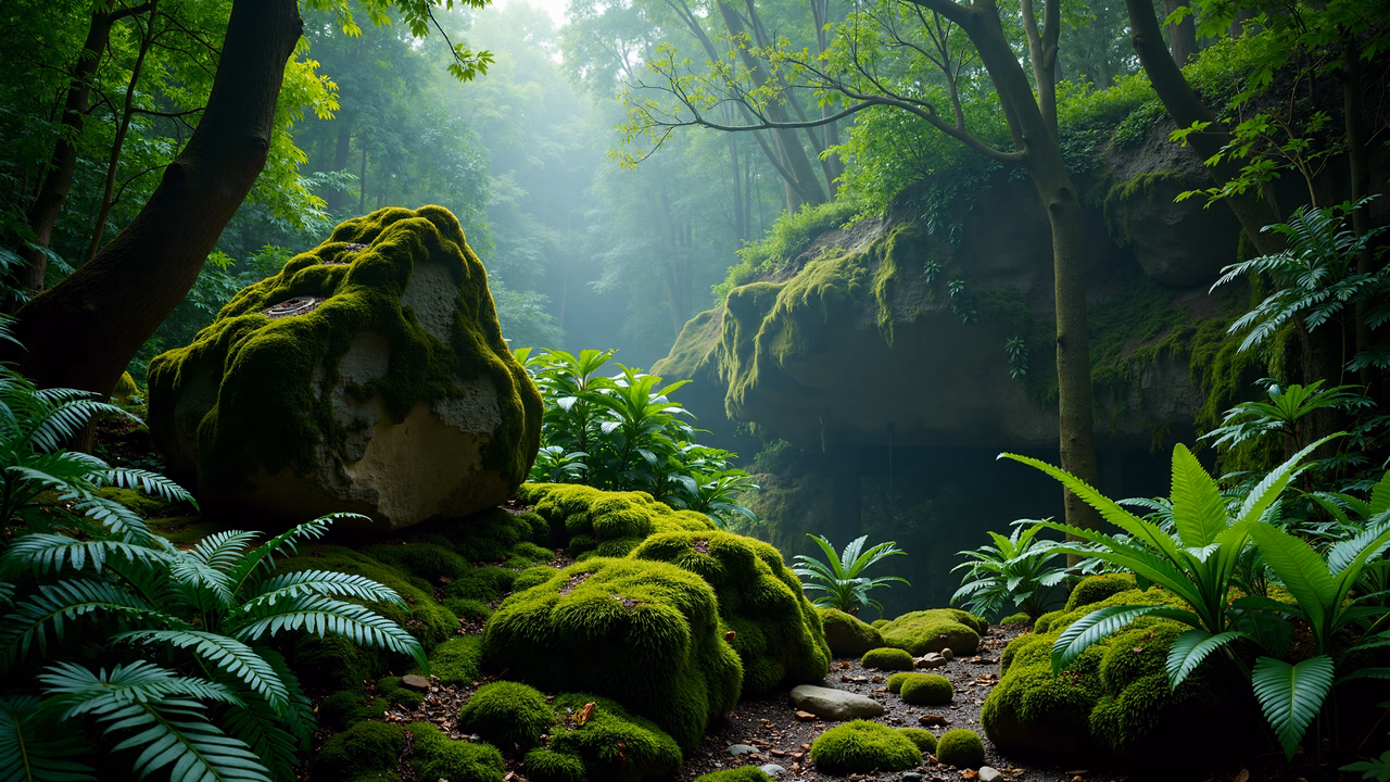 A tranquil forest scene with moss-covered rocks and lush greenery.