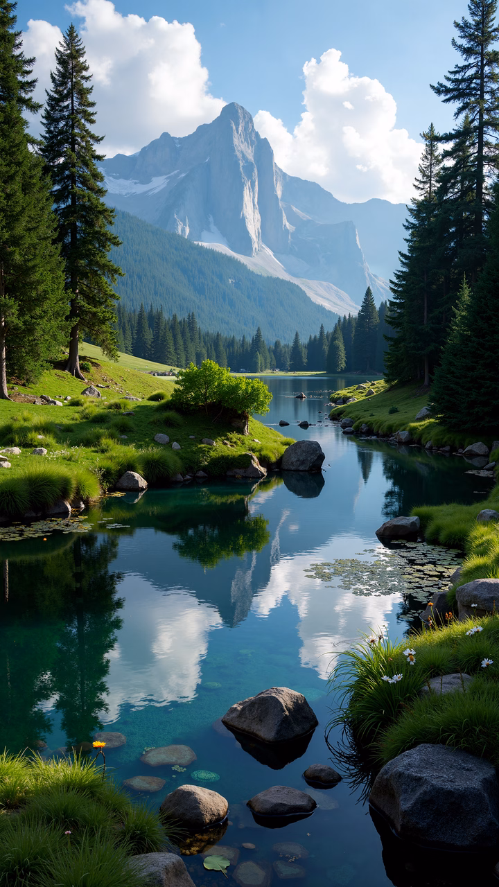 A picturesque mountain lake reflecting serene peaks and lush greenery.