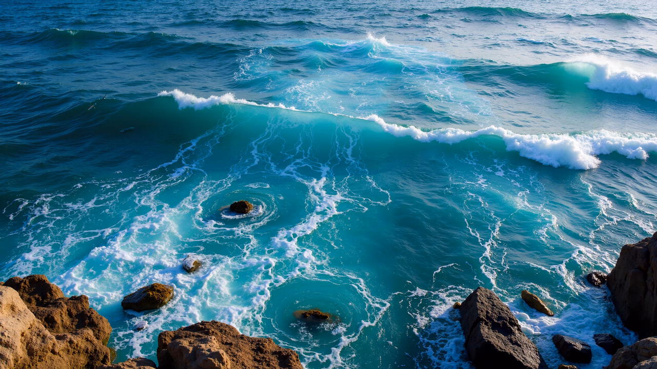 Vibrant turquoise ocean waves crashing against rugged coastal rocks.