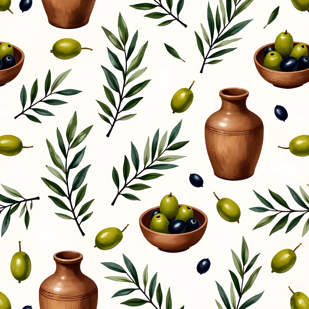 A watercolor illustration of olive branches and clay jars, evoking a sense of ancient Mediterranean culture.