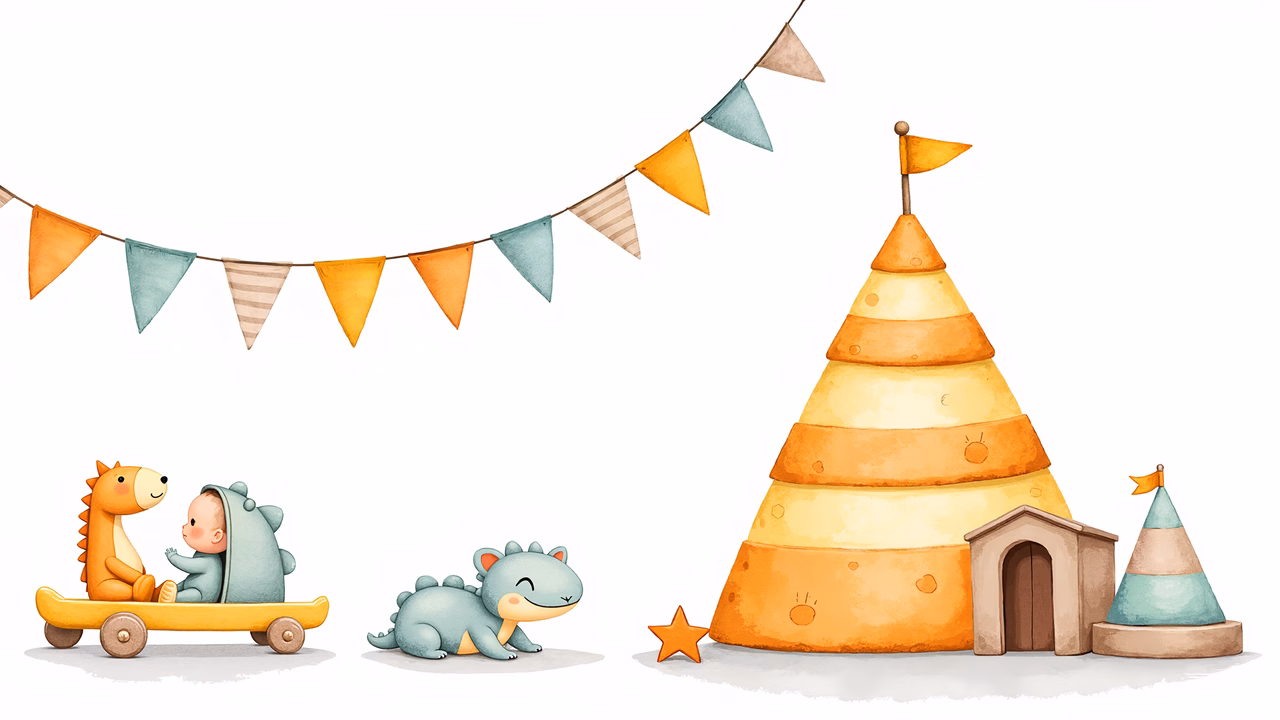 A baby in a dinosaur costume plays with two friendly dinosaurs near a colorful tent and bunting.