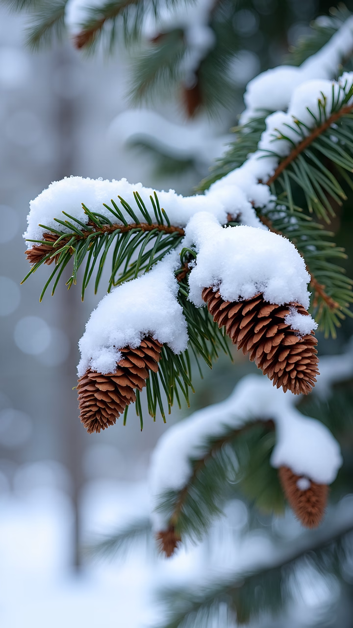 Close-up of snow-covered pine cones in a tranquil winter landscape.