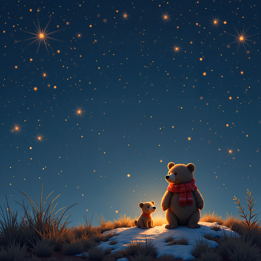 Two teddy bears under a starlit sky, warm and cozy in a winter wonderland.