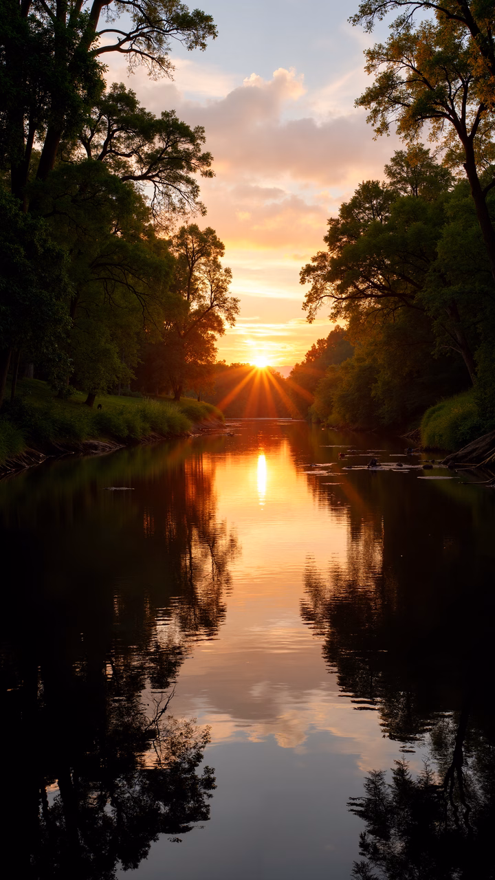Golden sunset reflecting on a calm river, surrounded by tall trees.