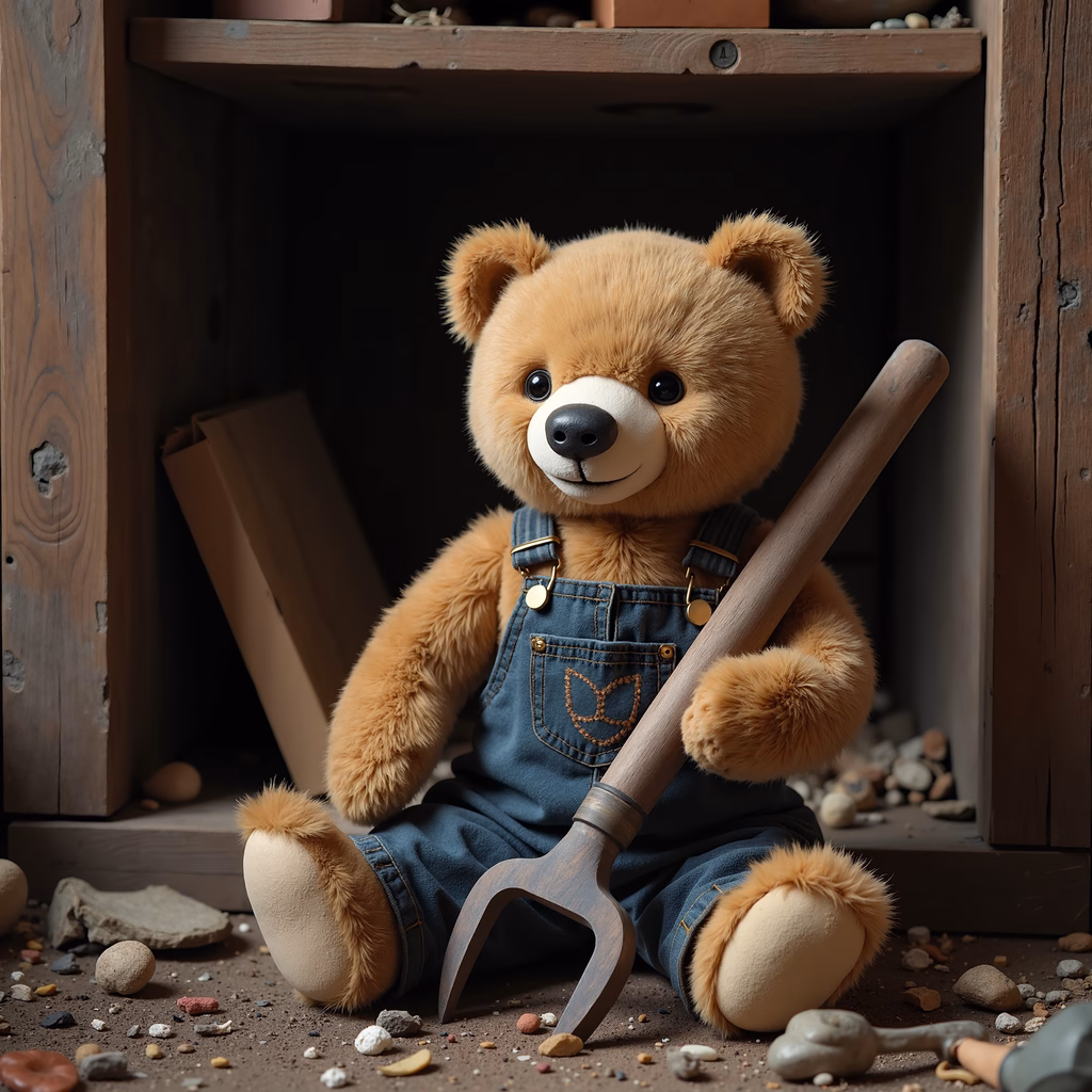 A teddy bear in denim overalls holding a gardening fork in a rustic workshop setting.