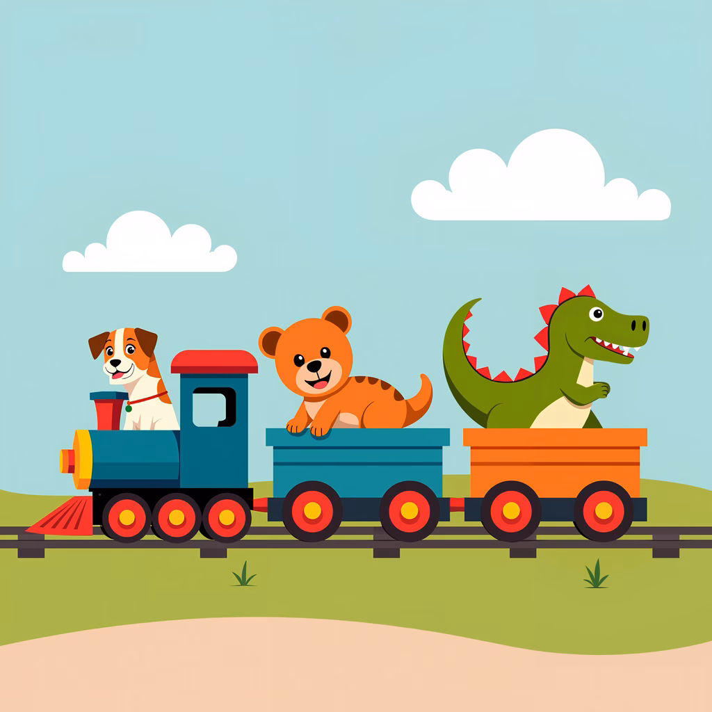 A cartoon train with animals on a fun adventure.