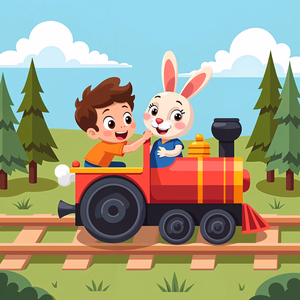 A boy and a rabbit enjoying a train ride in a colorful forest setting.