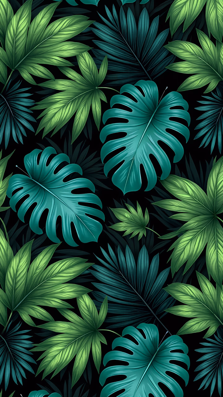 Vibrant tropical leaves on a black background, nature illustration.