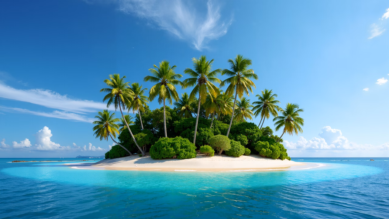 A picturesque tropical island with crystal-clear waters and lush vegetation.
