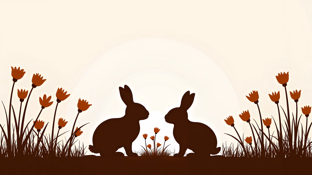 Silhouetted rabbits against a tranquil sunset, nature-inspired art.