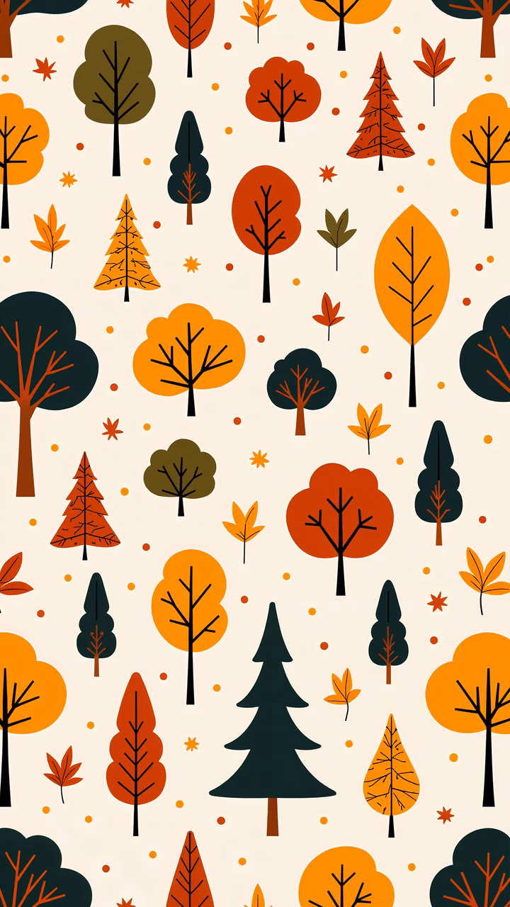 Stylized autumn forest illustration with warm colors and playful design.
