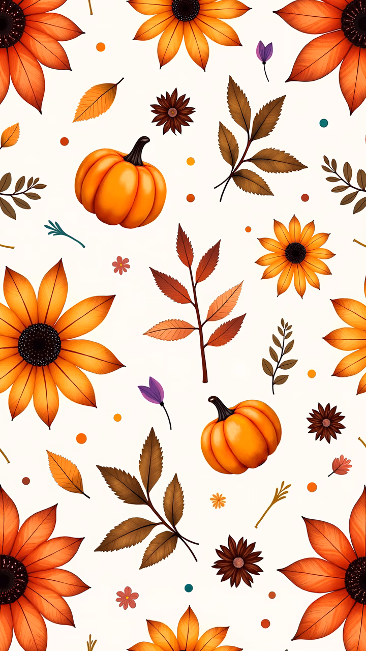Bright autumn illustration with pumpkins and sunflowers on a beige background.
