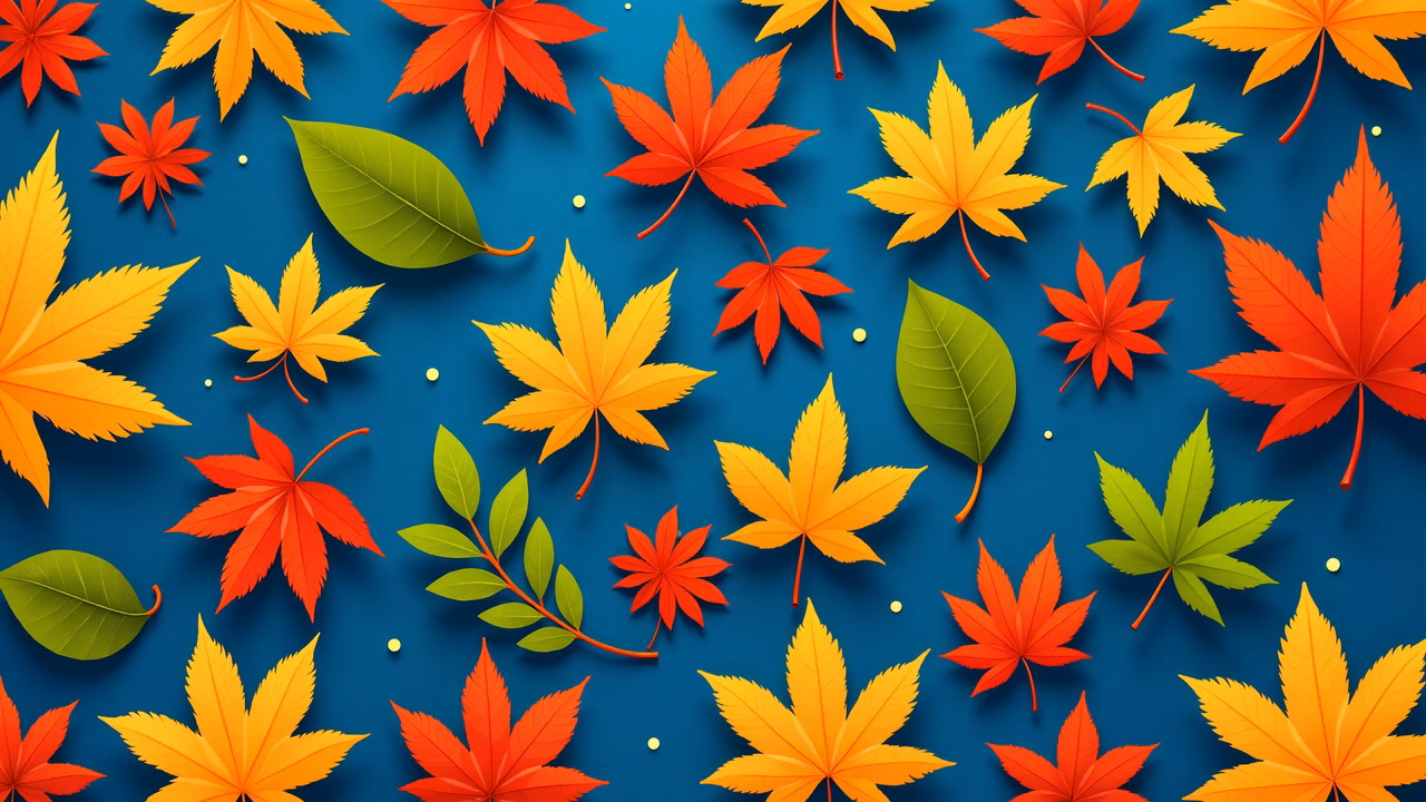 Vibrant autumn leaves illustration on a blue background