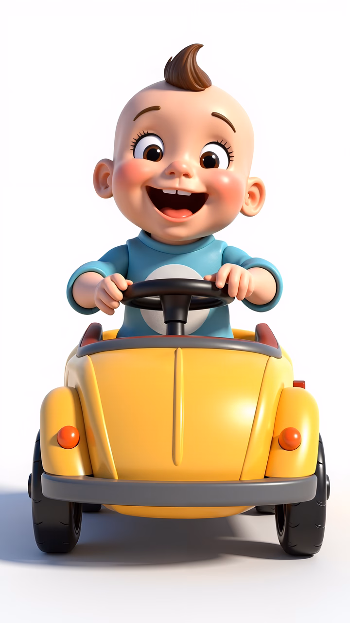 Cartoon baby driving toy car, joyful and innocent.