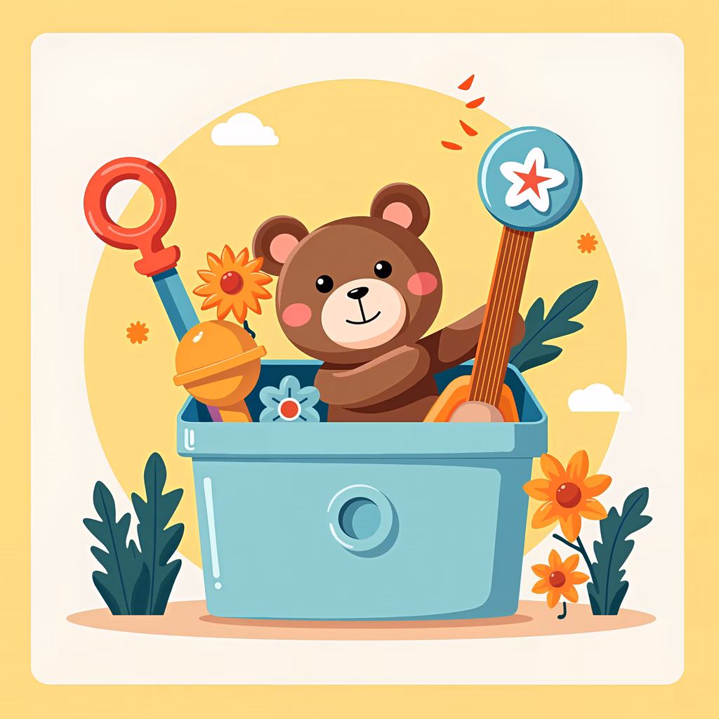 A happy bear in a toy-filled box, bright and playful children's art.