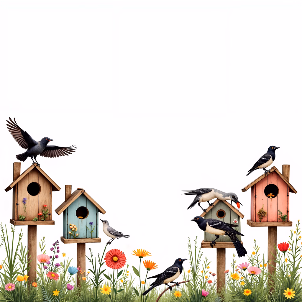 Illustrated birdhouses and birds in a peaceful garden setting.