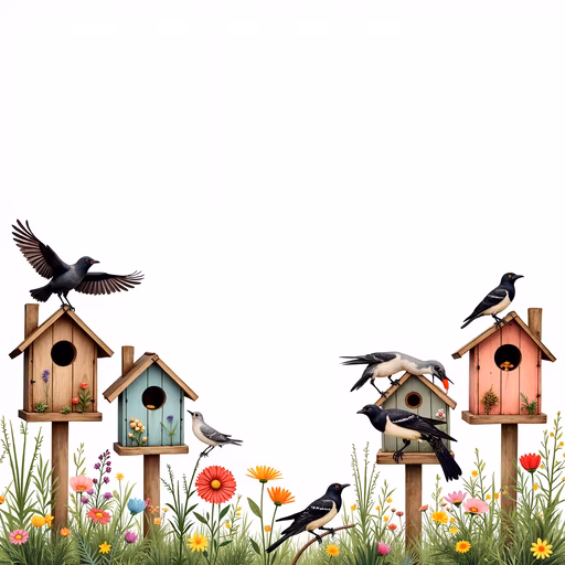 Birdhouses and Birds Illustration