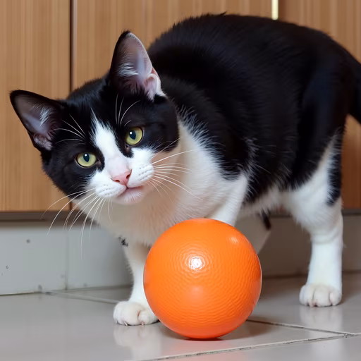 Black and White Cat Playing with Orange Ball