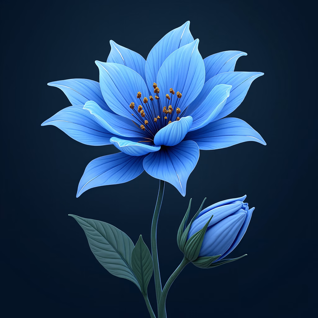 Vibrant blue flower illustration with detailed petals and golden stamens against a dark blue background.