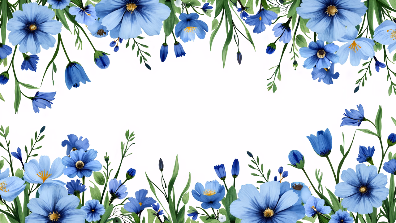 A symmetrical floral frame featuring blue flowers and green leaves on a white background.