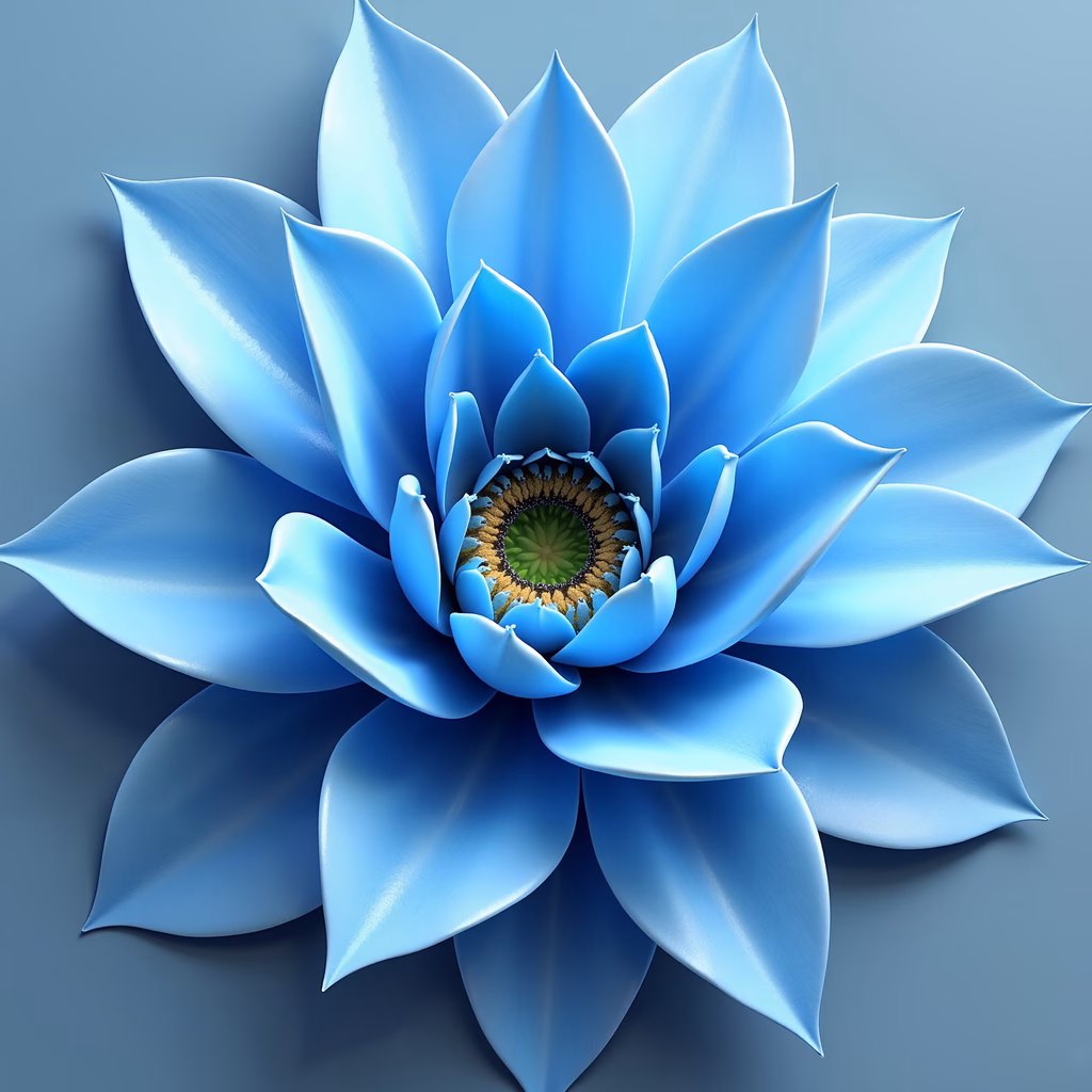 A stunning illustration of a blue flower with glossy petals against a soft blue gradient background.