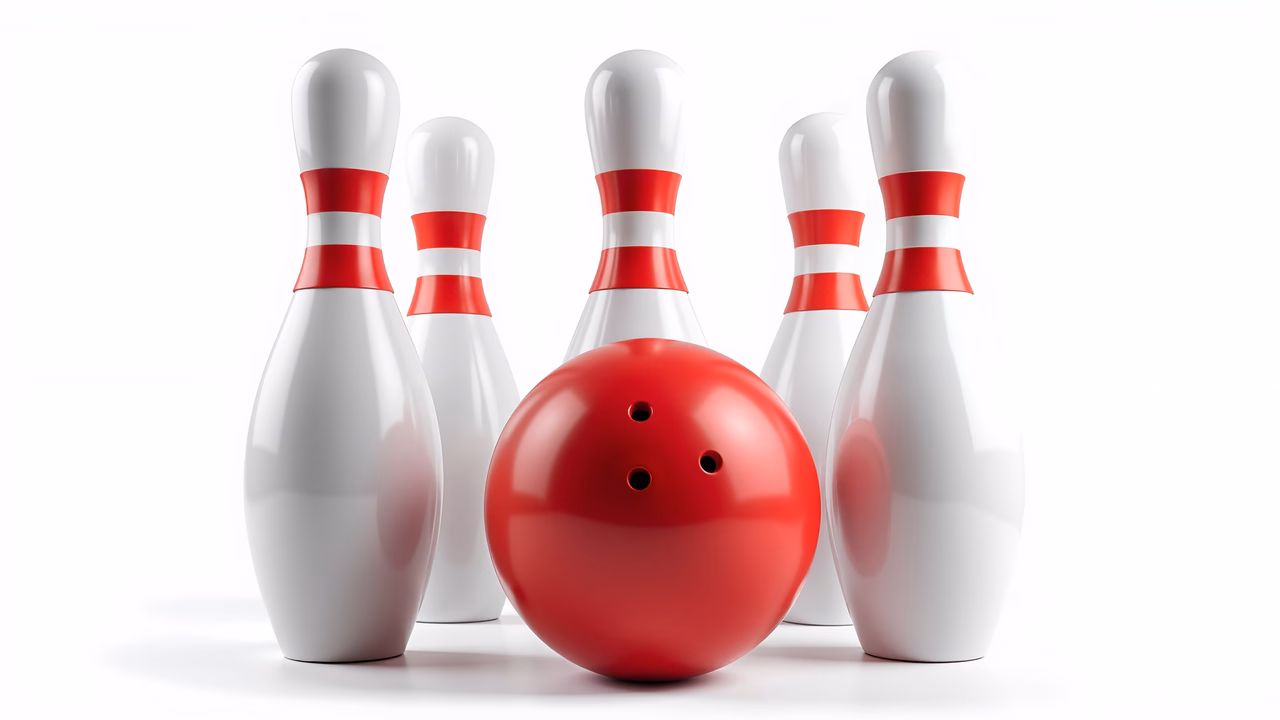 A striking illustration of bowling pins and a red ball, perfect for sports enthusiasts.