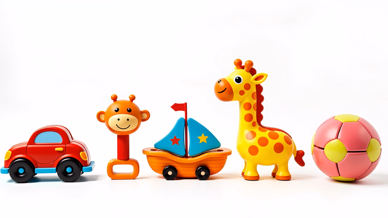 Brightly colored toys arranged against a white backdrop, perfect for children's playtime.