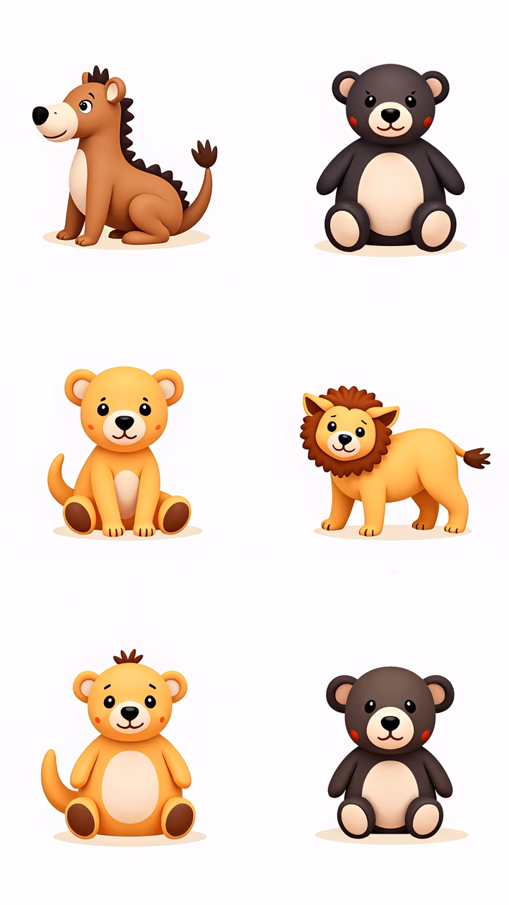 Cute cartoon animals in playful, colorful illustrations.