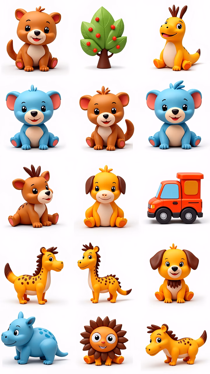 Brightly colored cartoon animals and toys in a playful, whimsical style.